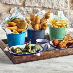 Galvanised Steel Serving Buckets for vibrant food presentation.