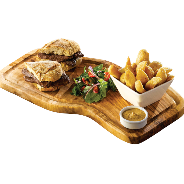 Olive Wood Board with pub classic, Steak Sandwich and Chips