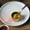 26cm White Porcelain Flat Rim Plate with mini copper saucepan containing mustard