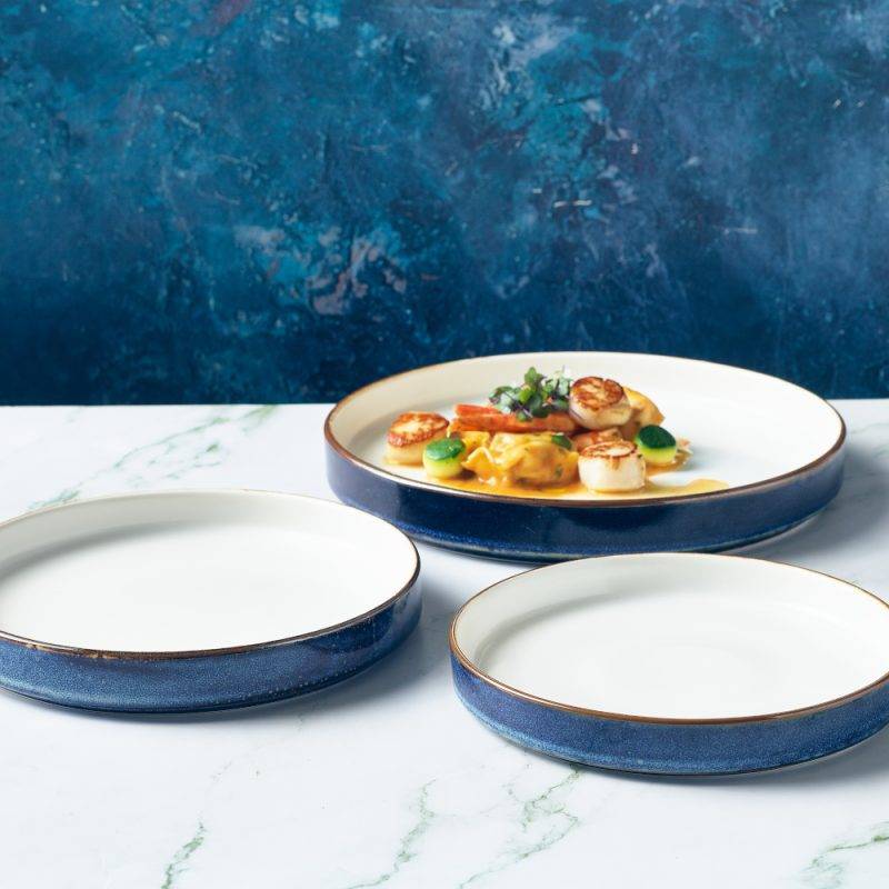 Aqua Blue Presentation Plates with tasty Scallops