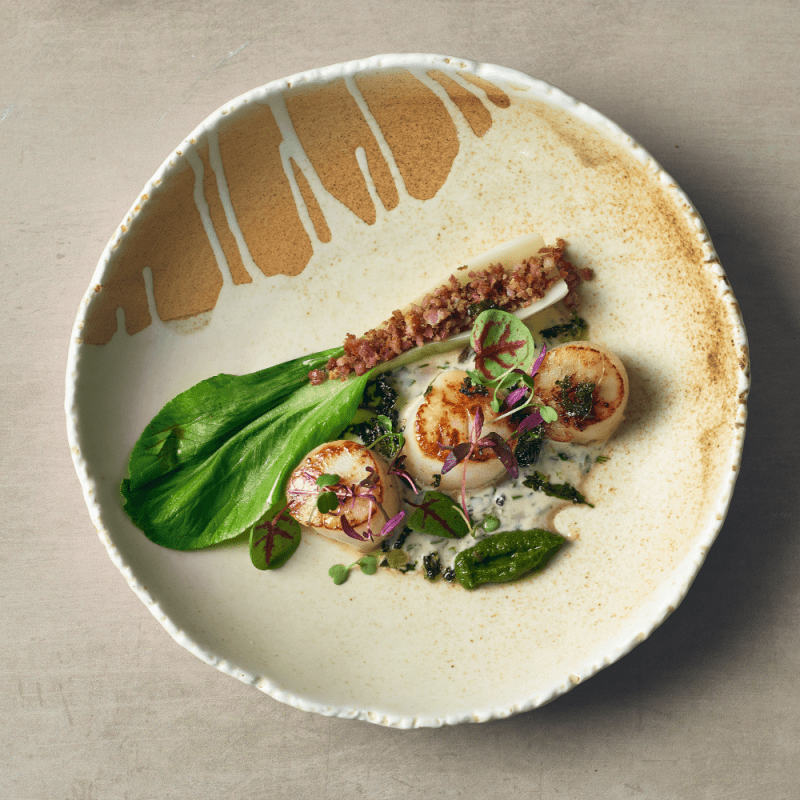 Birds eye view of Scallops served in a 20cm Roko Sand Coupe Bowl