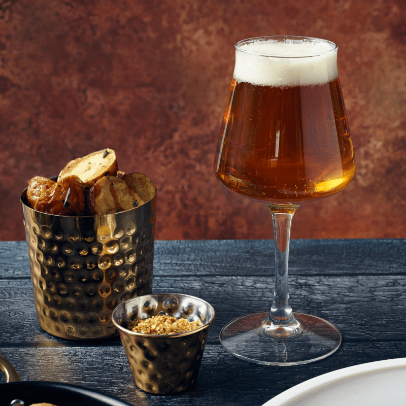 Hammered Gold Plated Serving Cup with food and beer
