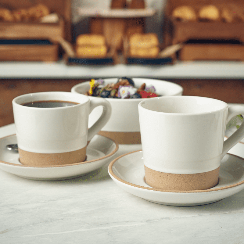Kava White Stoneware Cups and Saucers Lifestyle Image