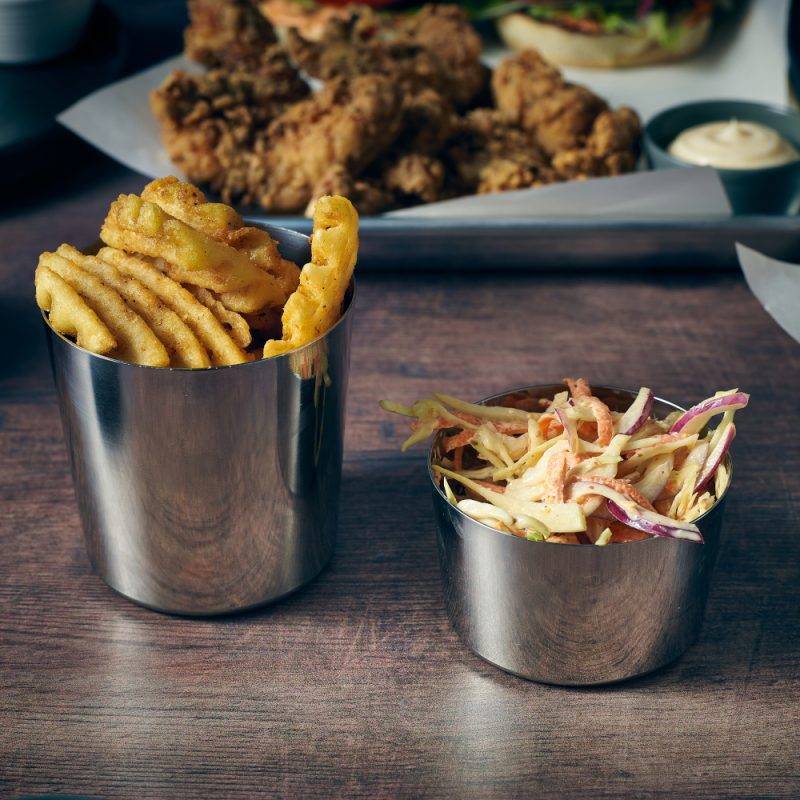 Stainless Steel Serving Cups with potato lattice and slaw