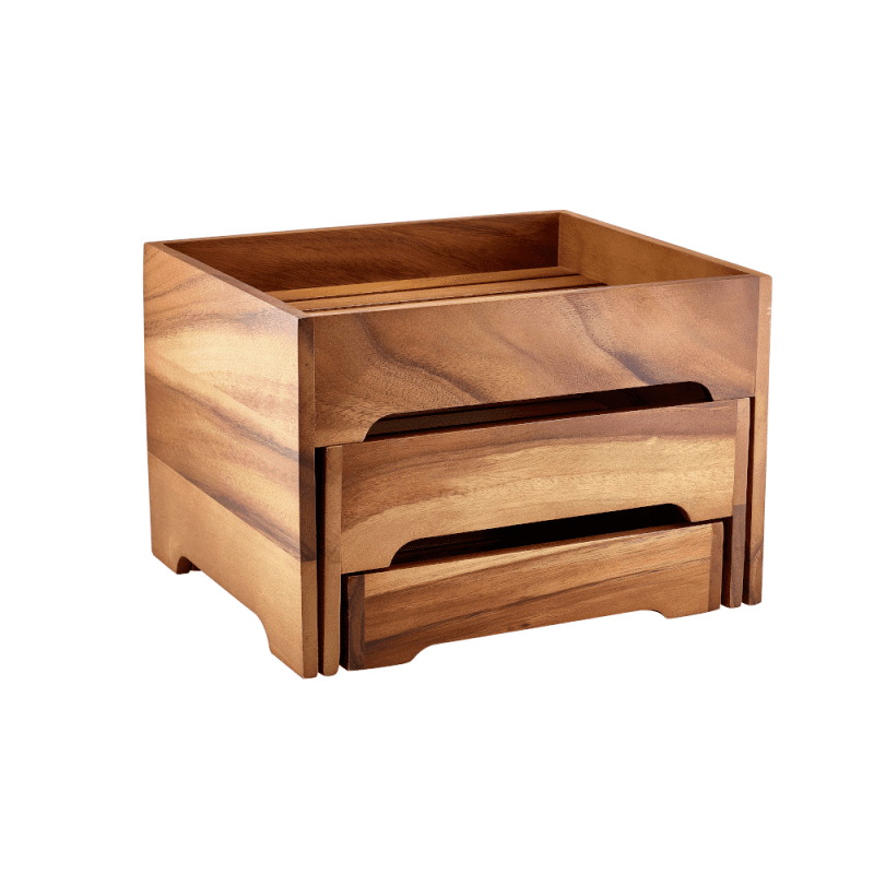 Acacia Wood 3 Tier Display Stand with the drawers in the closed position