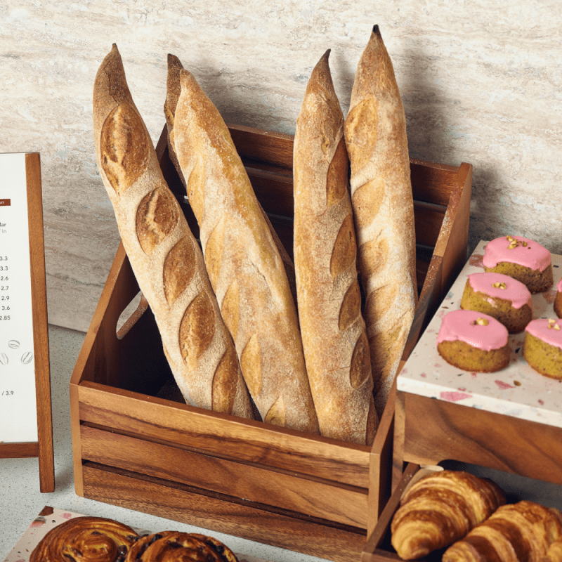 Artisan breads served in Acacia Wood Angled Crate