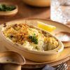 Delicious fish pie served in a Murra Honey Oval Eared Dish