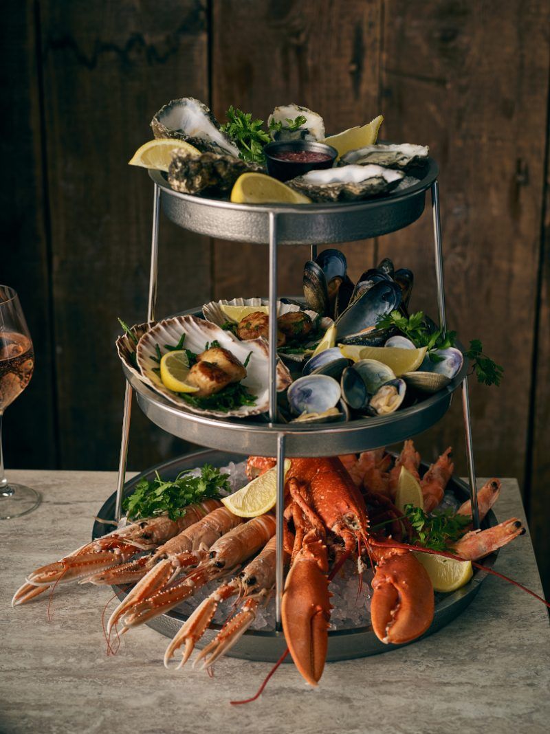 A fabulous array of seafood on a Three Tier Vintage Steel Seafood stand