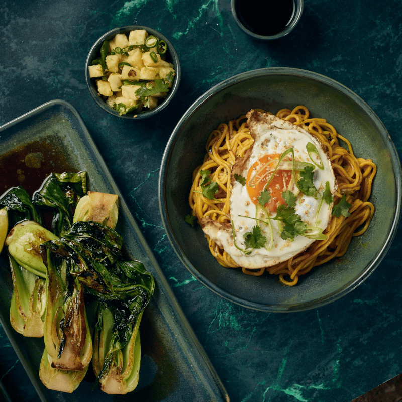 Asian inspired meal served in a 20cm Aqua Green Coupe Bowl