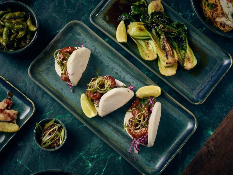 Bao Buns served on a 36cm Aqua Green Narrow Rectangular Platter