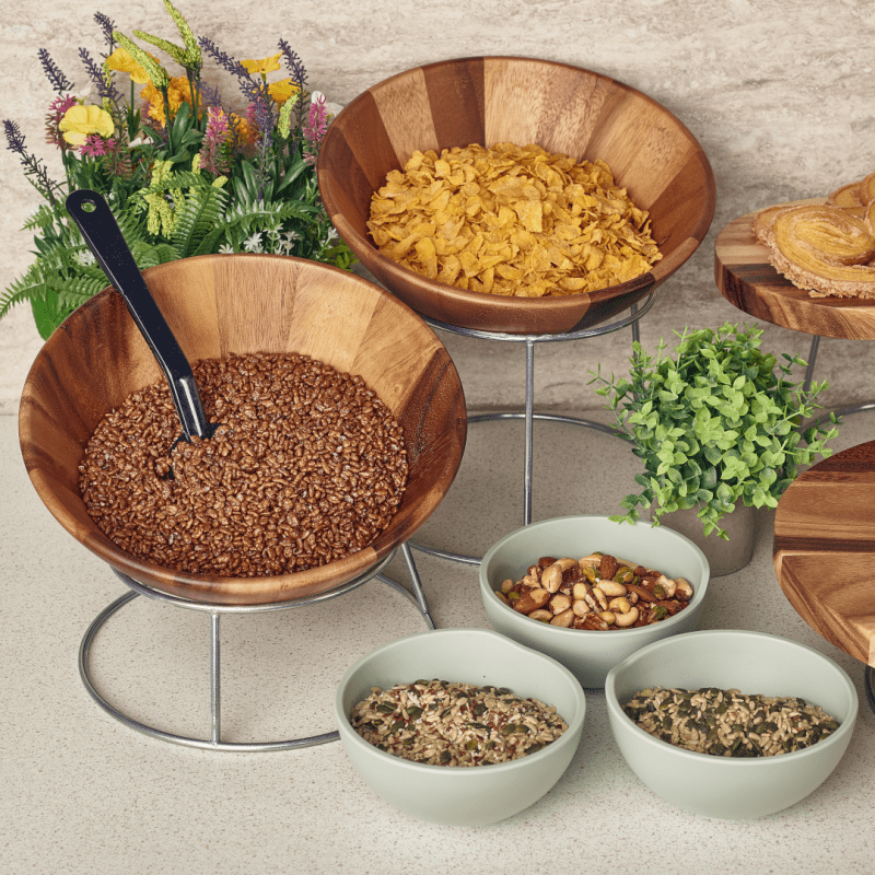 Breakfast cereals served in Acacia Wood Buffet Bowls at a hotel buffet breakfast