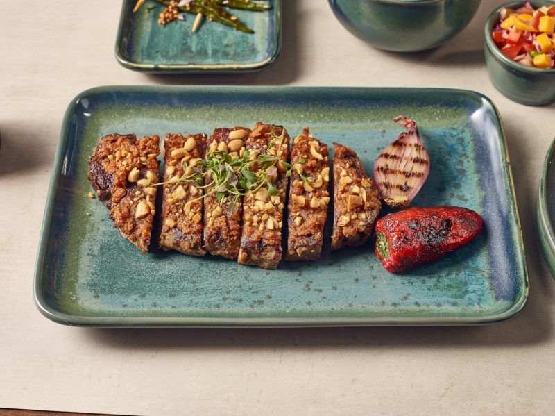 Food served on Aqua Green Rectangular Platter