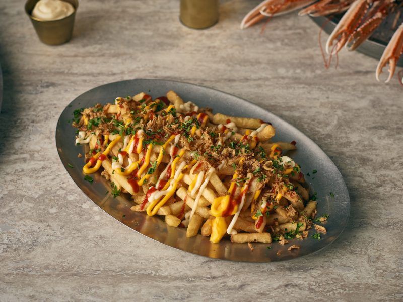 Loaded fries served on a 30cm Vintage Steel Oval Platter