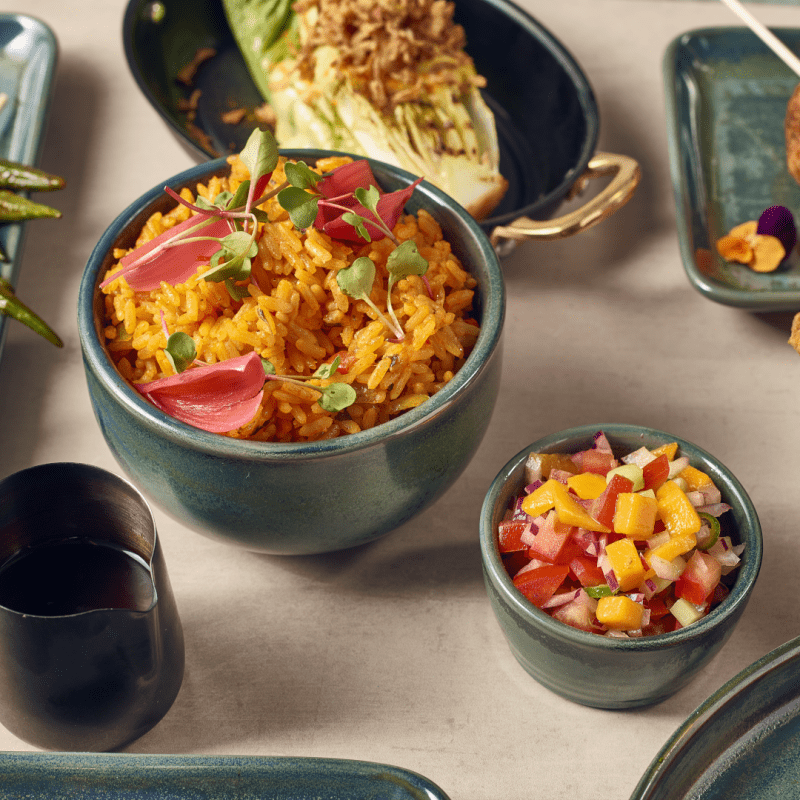 Rice dish presented in an Aqua Green Porcelain Round Bowl