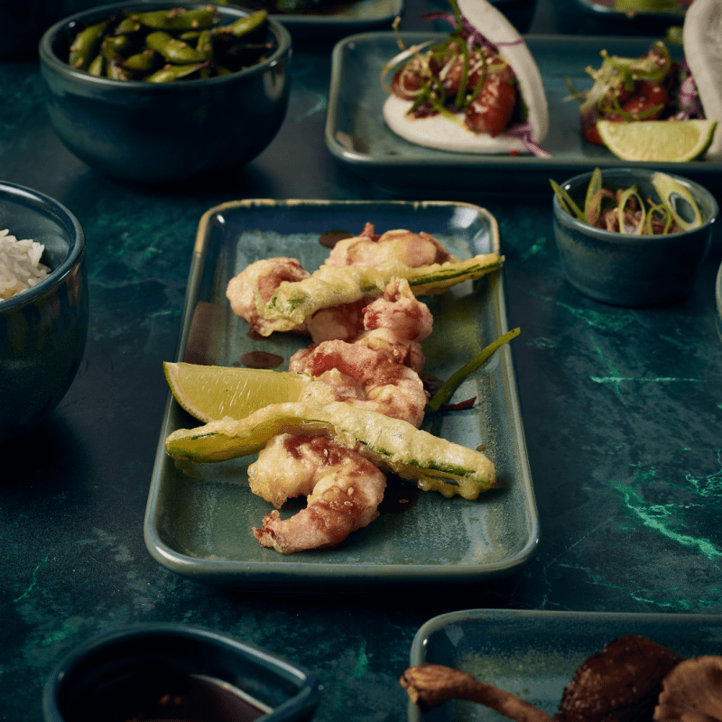 Sea Food served on Aqua Green Narrow Rectangular Platter