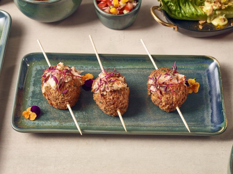 Skewers presented on a 31cm Aqua Green Narrow Rectangular Platter