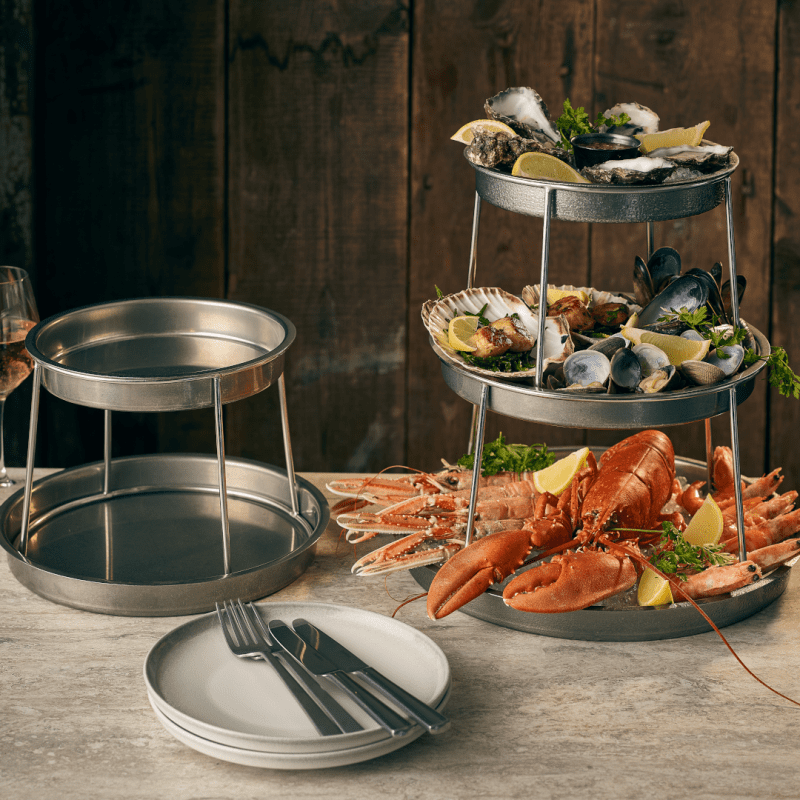 Two Tier and Three Tier Vintage Steel Seafood Stands with seafood