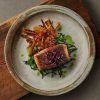 Salmon served in a Finca Sandstone Narrow Rim Plate