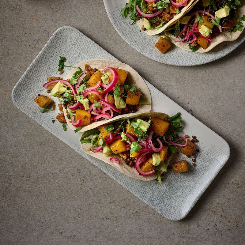 Tacos served on a Jute Grey Organic Rectangular Platter