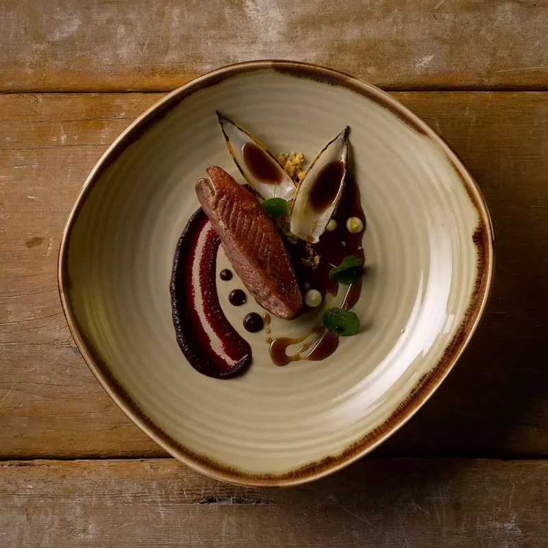 Delicious food served in a Harvest Linen Wobbly Bowl