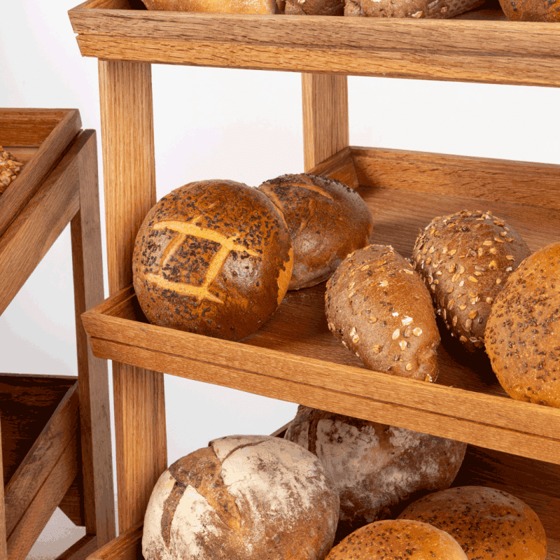 Close up of bread on a 3 Tier GN 1-1 Stand