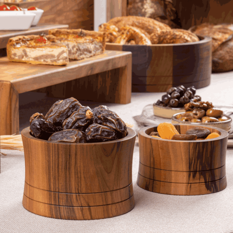 Dried fruit served in Medium and Small Concave Oiled Walnut Bowls