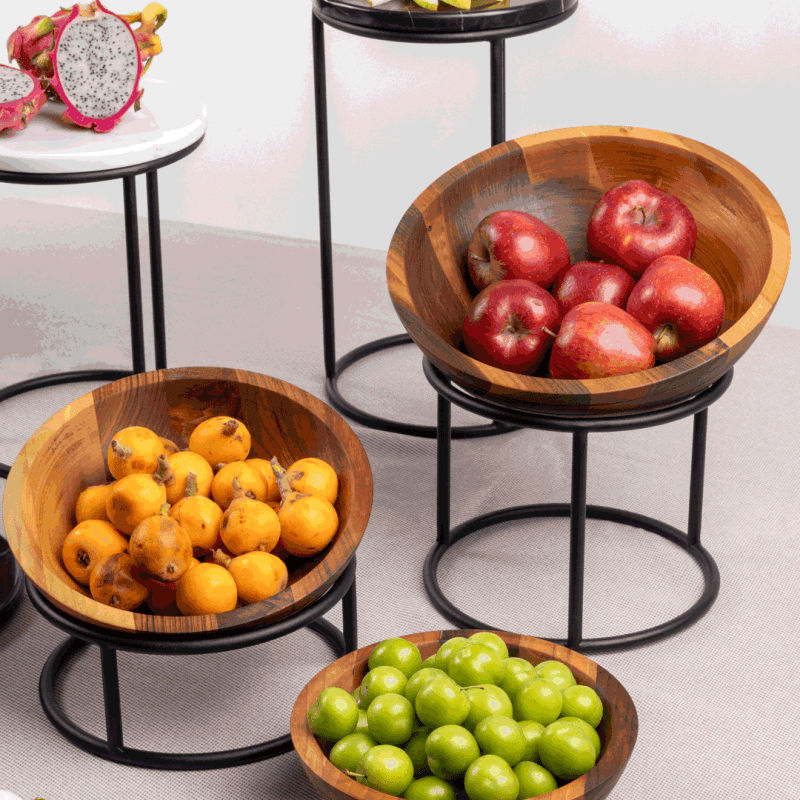 Fruit filled Walnut Buffet Bowls and Risers