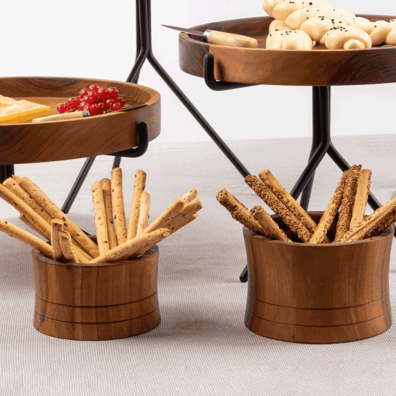 Small and Medium Concave Walnut Bowls used to serve breadsticks