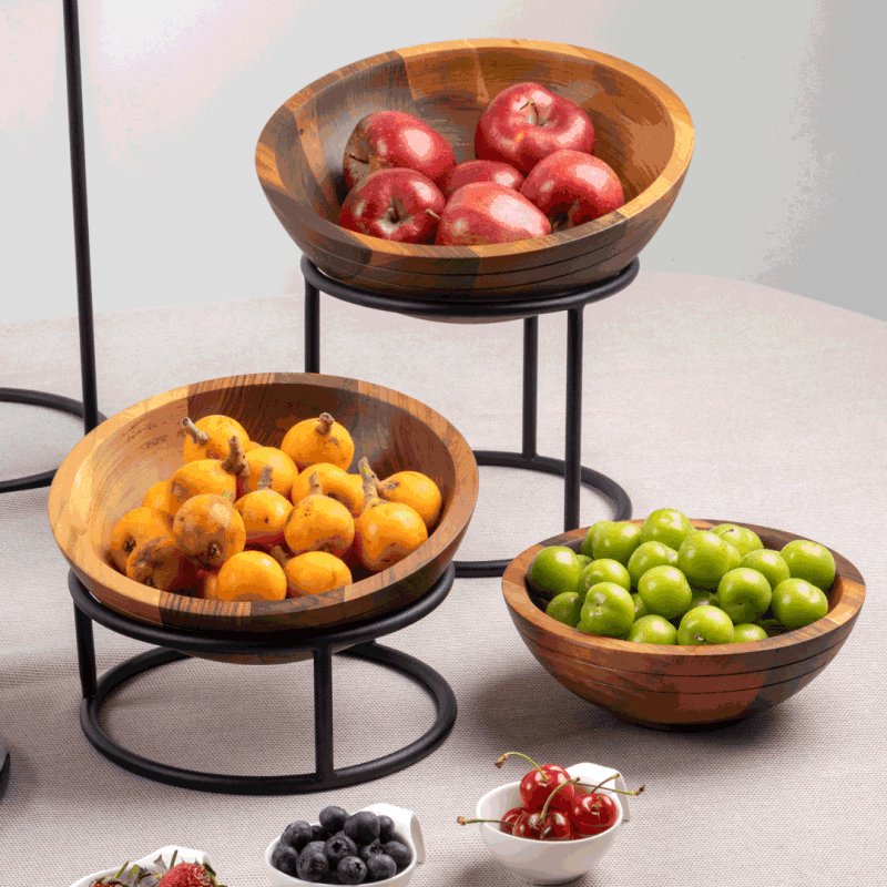 Walnut Buffet Bowls and Risers with fruit