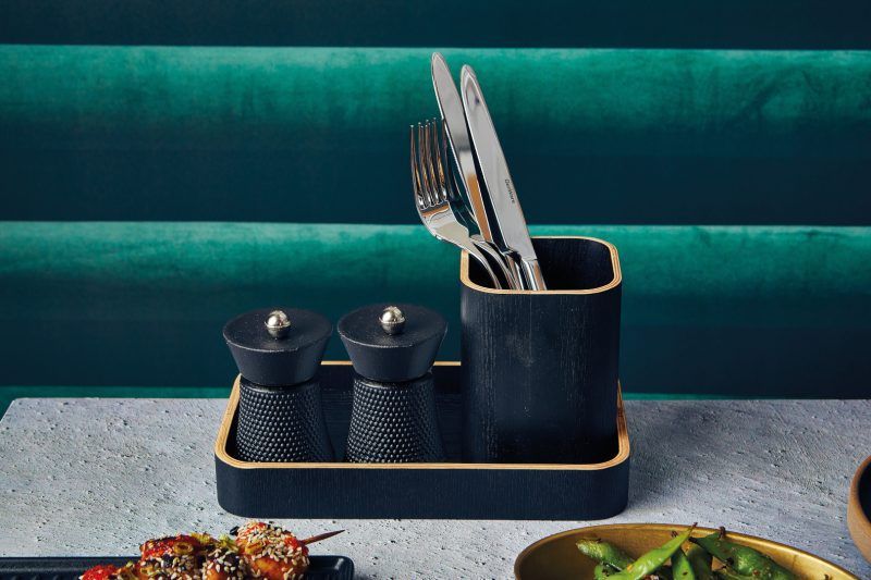 Black Wood veneer tray with table caddy and grinders