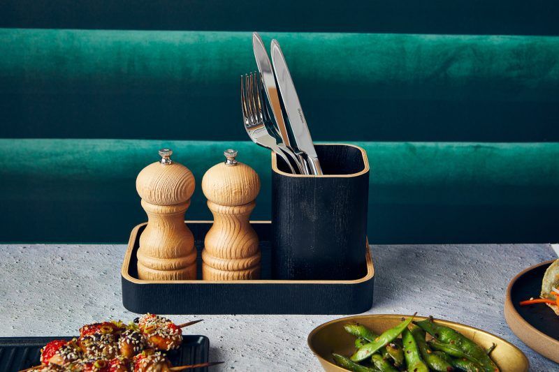 Table setting with Black Wood Veneer Tray and Table Caddy