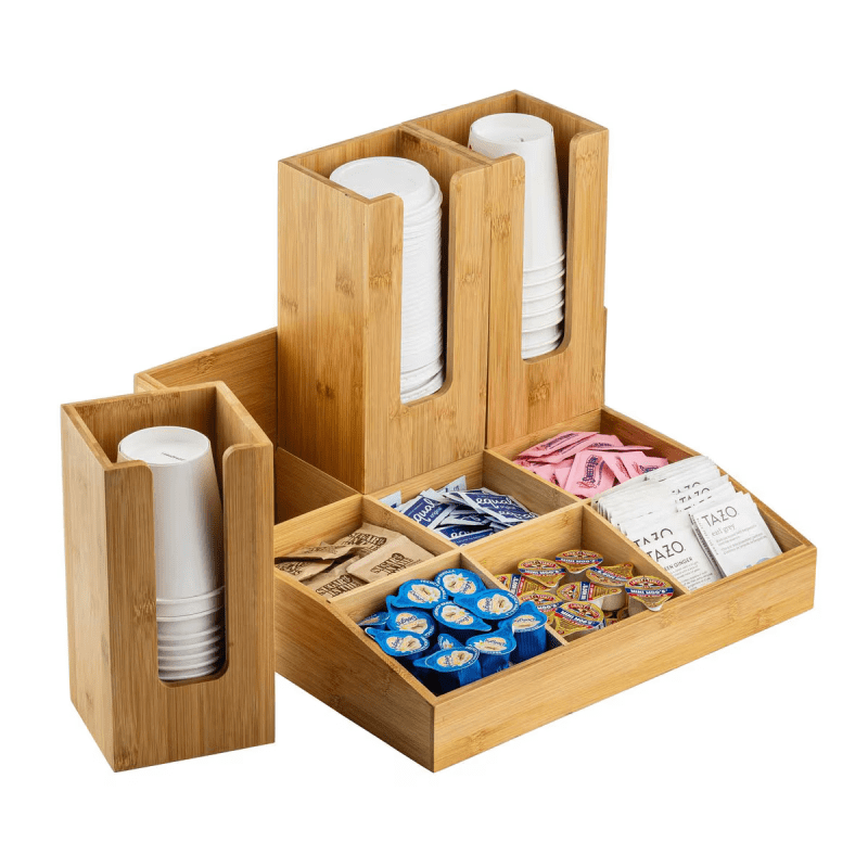 Beverage condiment organiser displaying disposable cups and condiments