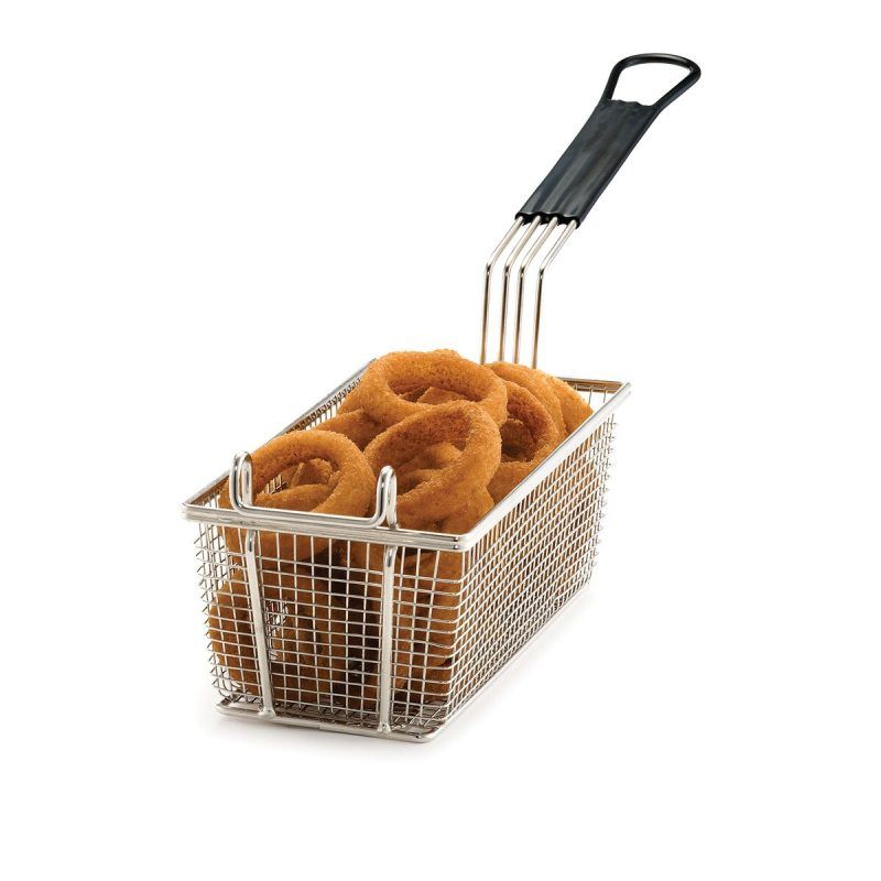 A Rectangular fry basket with Black Hook handle containing onion rings