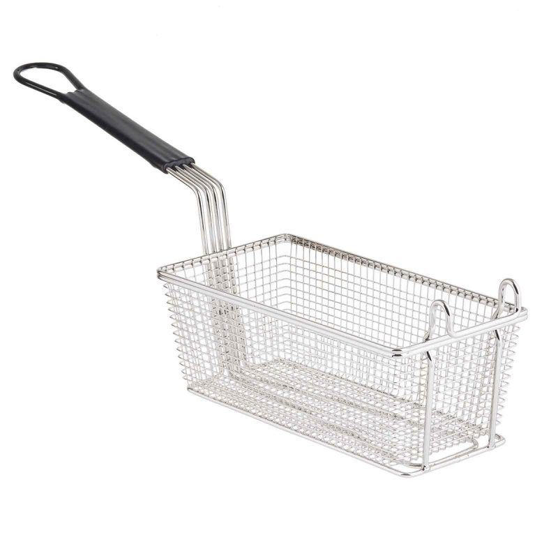 Angled view of Black Handled Rectangular Fry Basket