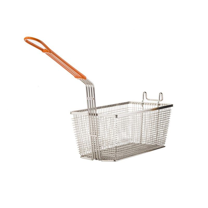 Angled view of Orange Handled Rectangular Fry Basket