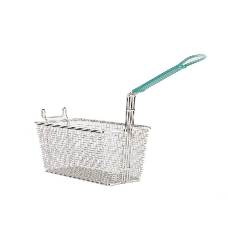 Angled view of Rectangular Fy Basket With Green Handle