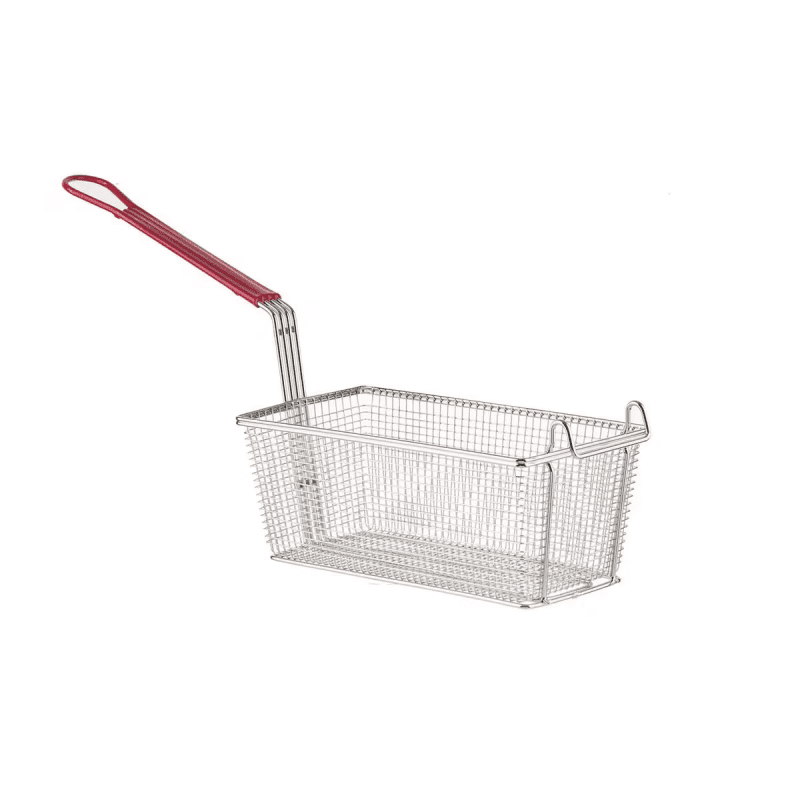 Angled view of a Rectangular Fry Basket with Red Hook Handle