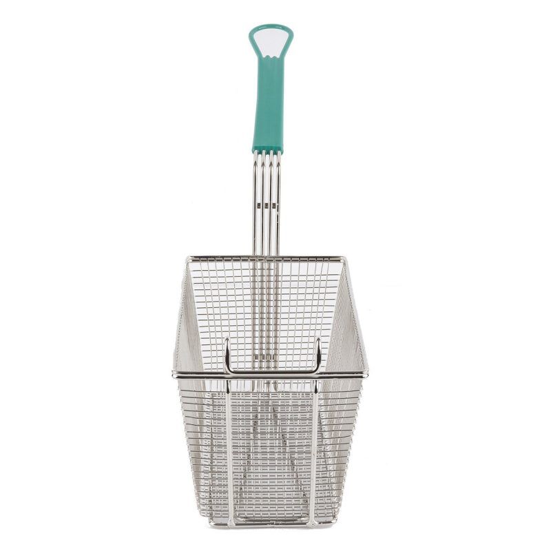 Front view of rectangular fry basket with green handle
