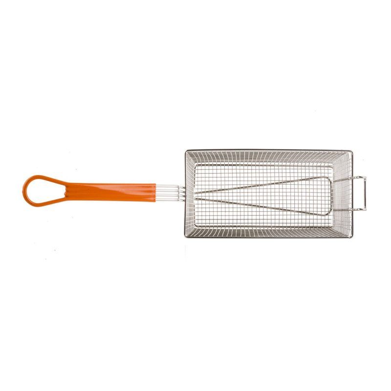 Looking down into an Orange Handled Rectangular Fry Basket