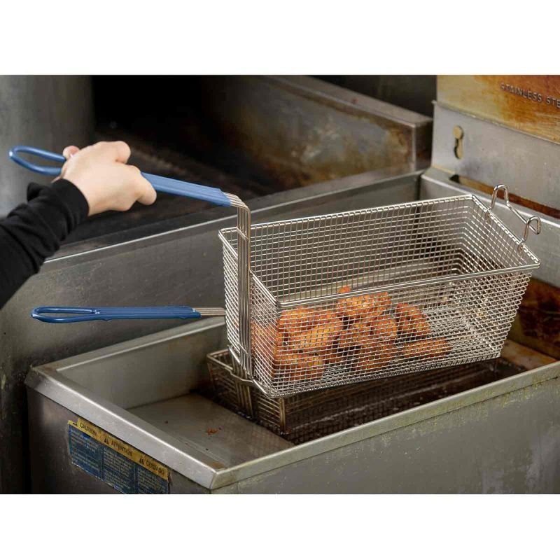Rectangular Fry Basket With Blue Handle In Use