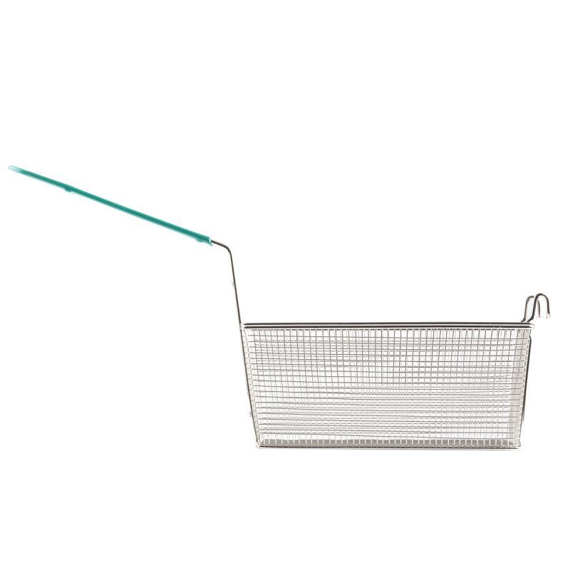 Side view of Rectangular Fry Basket with Green Handle