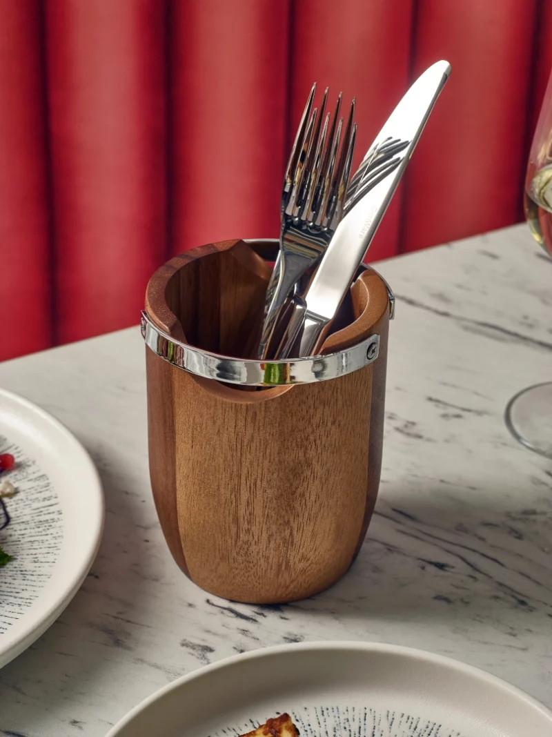 Acacia Wood Cutlery Cylinder with Metal Handles – 10 x 13cm - Image 3