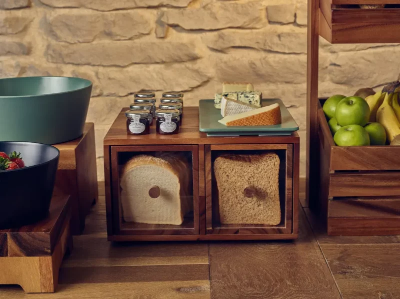 Acacia Wood Double Bread Box in use
