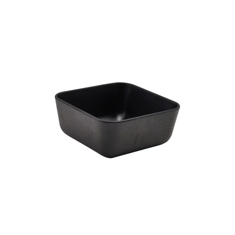Angled view of Melamine Black Jute Square Buffet Bowl 20cm