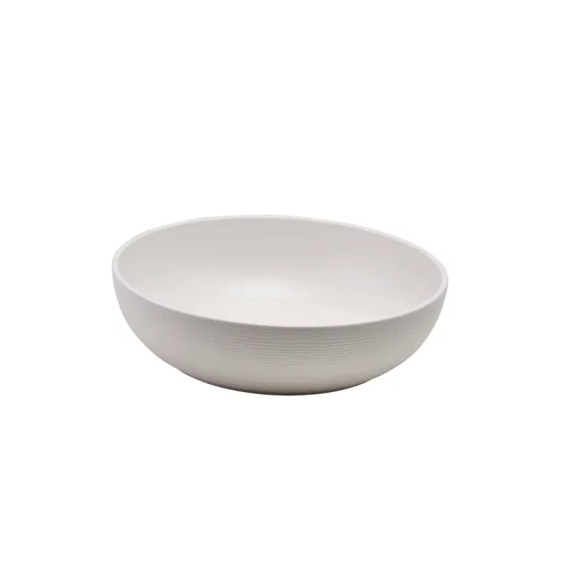 Angled view of the 28cm Melamine White Jute Buffet Bowl