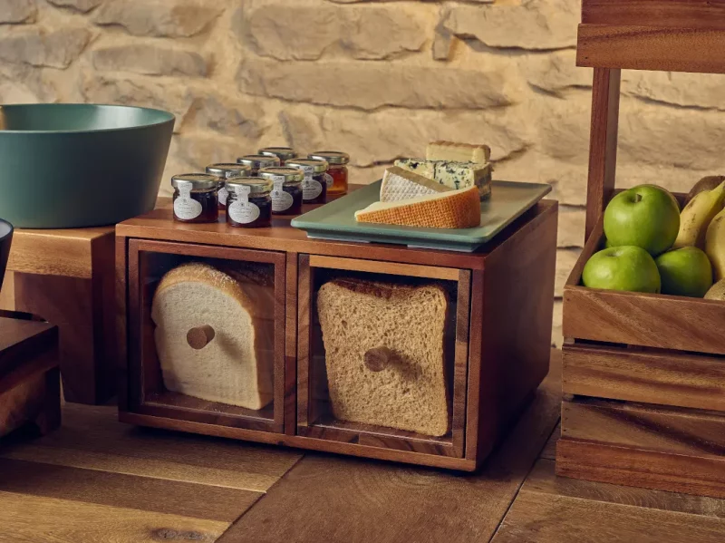 Buffet set up with Acacia Wood Double Bread Box