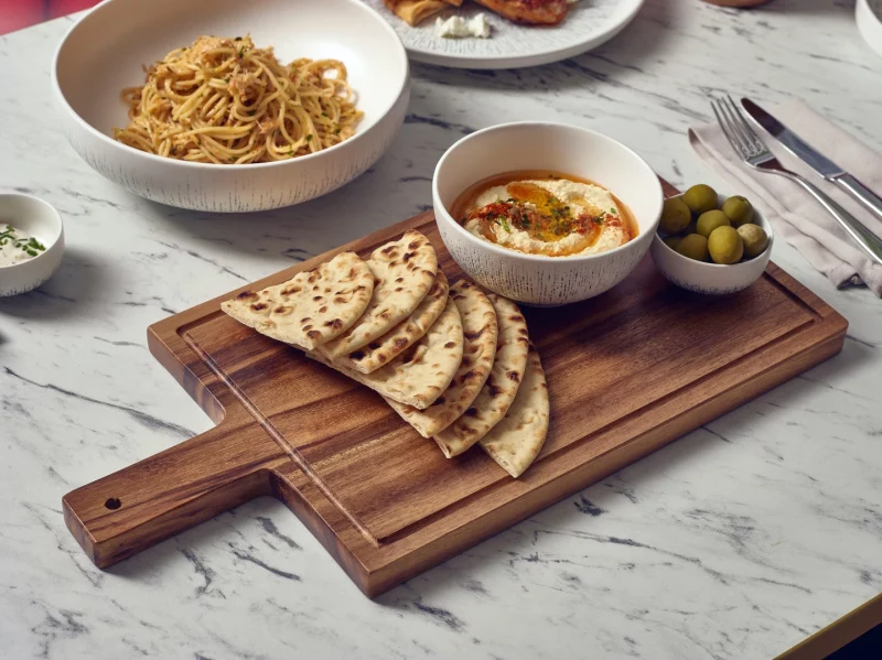 Flatbreads and Hummus served on an acacia wood handled board