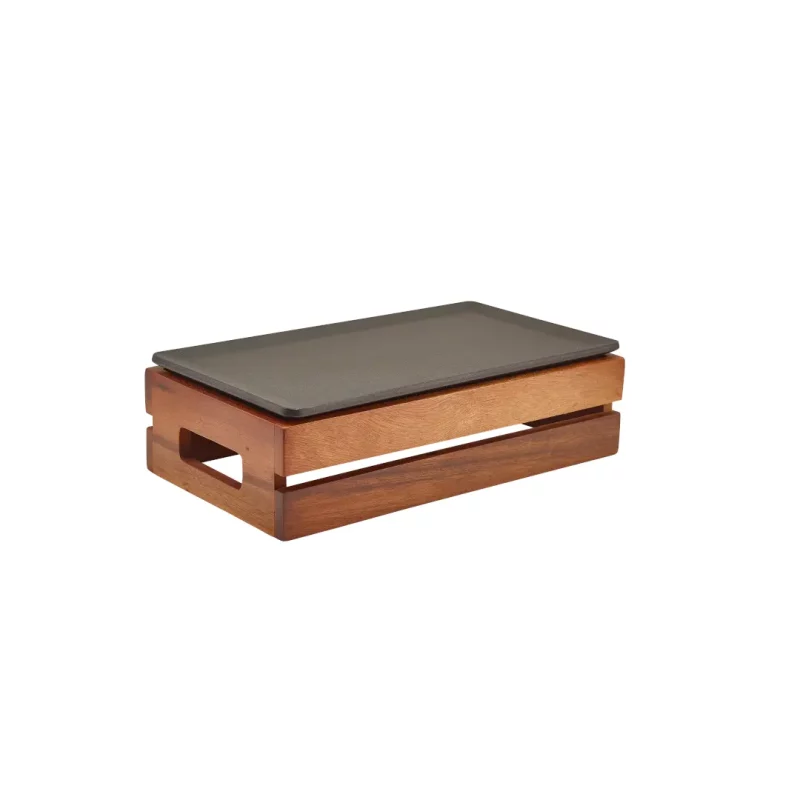 Grey platter on top of Acacia Wood Low Box - Riser GN 1-3