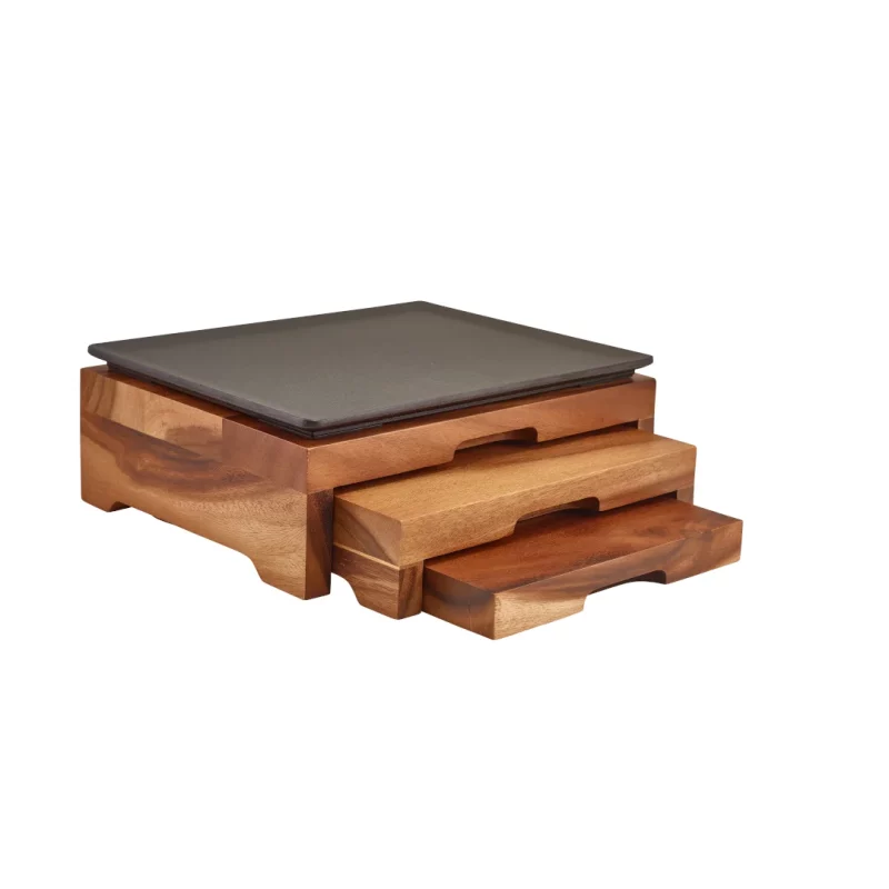 Grey tray on a 3 tier acacia wood stand