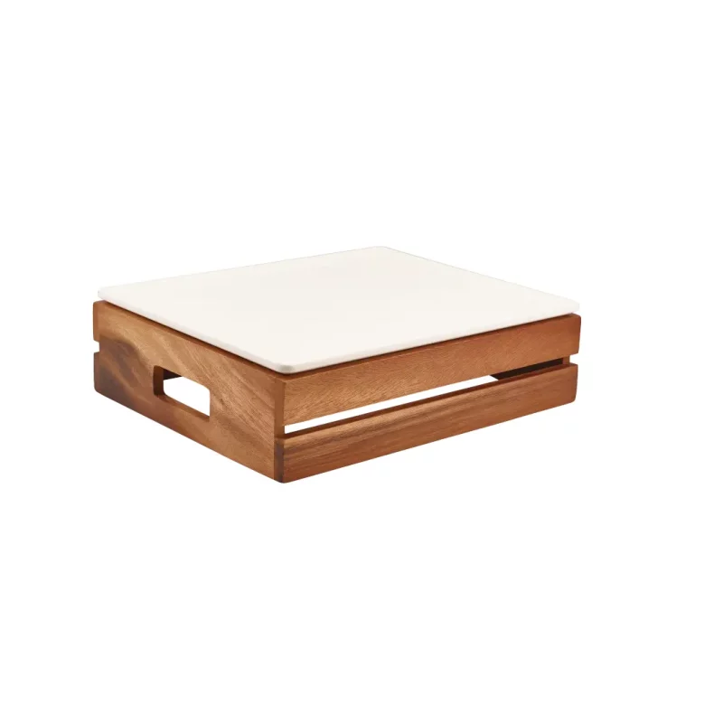 White platter on top of Acacia Wood Low Box - Riser GN 1-2